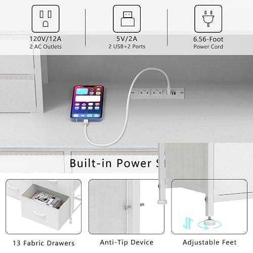 Welfuturer White Dressers for Bedroom with Power Outlets and LED Lights 13 Drawers Dresser Faux Leather Fabric Chest of Drawers for Bedroom Living Room Hallway Entryway Closets Sturdy Frame Wood Top - White thumbnail 7