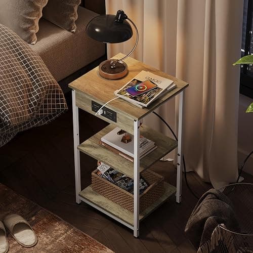 WLIVE Side Table with Charging Station and USB Ports, Small End Tables for Small Spaces, 3-Tier Nightstand with Adjustable Shelf, Bedside Tables, Living Room, Bedroom, Greige thumbnail 7