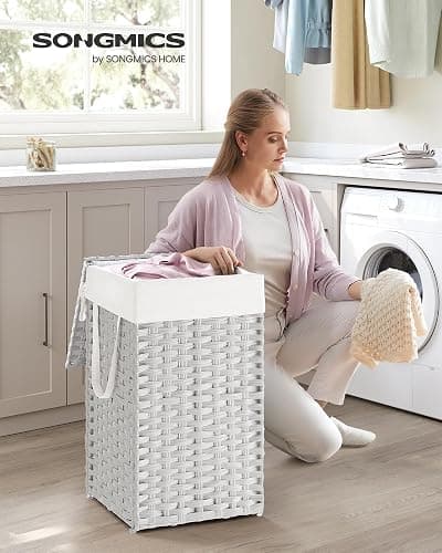 SONGMICS Laundry Hamper with Lid, 17.2 Gallon (65 L) Synthetic Rattan Clothes Laundry Basket with Lid and Handles, Foldable, Removable Liner, Cloud White ULCB165W01 thumbnail 2