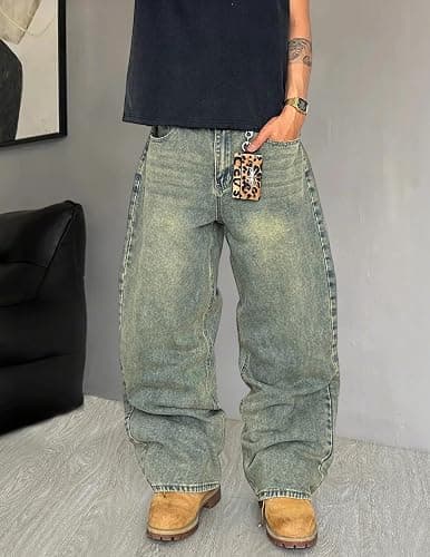 QGRSWBC Mens Wide Leg Jeans Super Baggy Pants Y2k Loose Fit Denim Jeans Skater Trousers Streetwear thumbnail 5