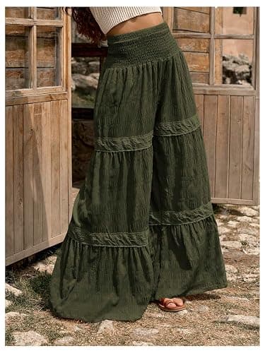 WDIRARA Women's Smocked Wide Leg Boho Pants | Tiered, Textured, High Waisted, Bohemia thumbnail 5