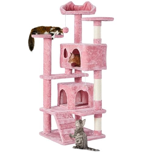 Yaheetech 54in Cat Tree Tower, Multi-Level Cat Tree for Indoor Cats with Scratching Posts, Dangling Balls Cat Play House, Pink - Image 1