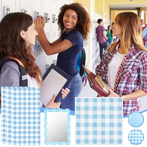 Weysat Blue 9 Pcs Locker Accessories Wallpaper Mirror Magnets, Gingham | Back to School Decor for Middle High School, Magnetic Wallpaper for Classroom, Rectangle Mirror, Bow Magnets Set thumbnail 5