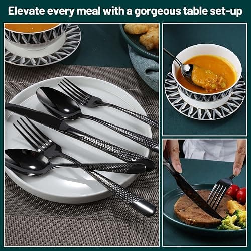 PUREAIN Silverware Set, 30 Pieces Black Hammered Flatware Set for 6, Mirror Polished Stainless Steel Cutlery Set for Home, Kitchen, Restaurant and Hotel, Dishwasher Safe thumbnail 7