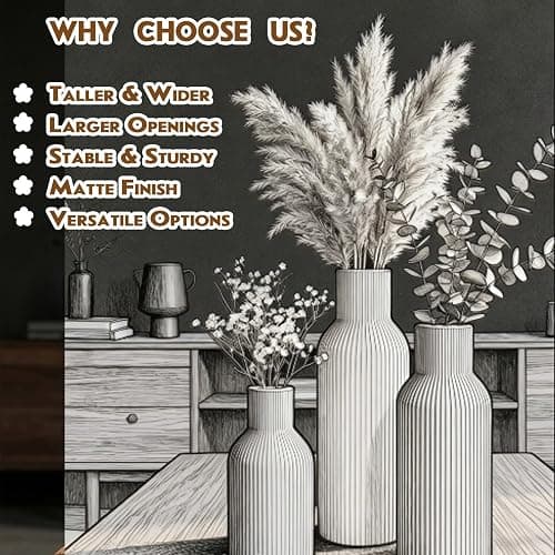 TrendEcoHome Colorful Ceramic Vases Set of 3, Matte Round Vertical Ribbed,Minimalist for Pampas Dried & Fresh Flowers, Centerpiece for Living Room, Shelf, Entryway, Wedding (Pink, Blue, Yellow) thumbnail 7