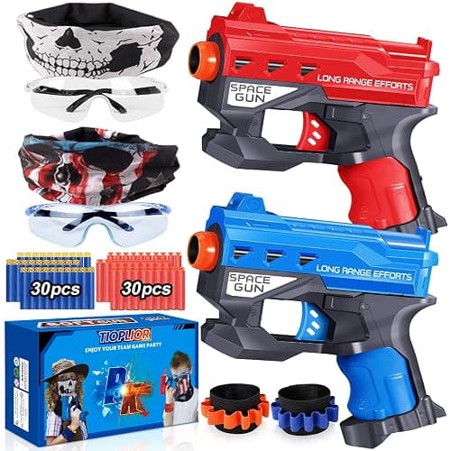2 Pack Blaster Guns Boys Toy-with 60 Bullets &2 Wristbands, TiopLior Blaster Guns Toy Age for 4-9 Christmas Birthday Gifts &2 Safety Glasses/Face Masks for 6+ Year Old Kids Games Toys - Image 1