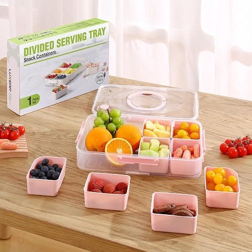 Luxear Divided Snack Box with Compartment, Divided Snack Serving Tray Reusable with Lid Handle, Food Storage Container Organiser for Snackle Box Appetizers Container,Pink thumbnail 2