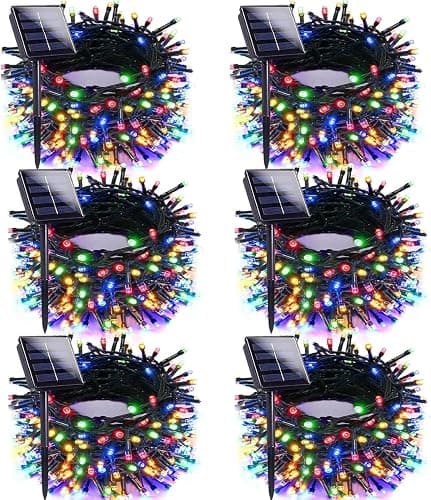 Multicolor Solar Christmas Lights Outdoor Decorations Waterproof, Tatal 6 Pack 600LED 198FT Solar String Lights Green Wire with 8 Modes, Christmas Fairy Light for Xmas Tree Party Wedding Garden Decor - Image 1