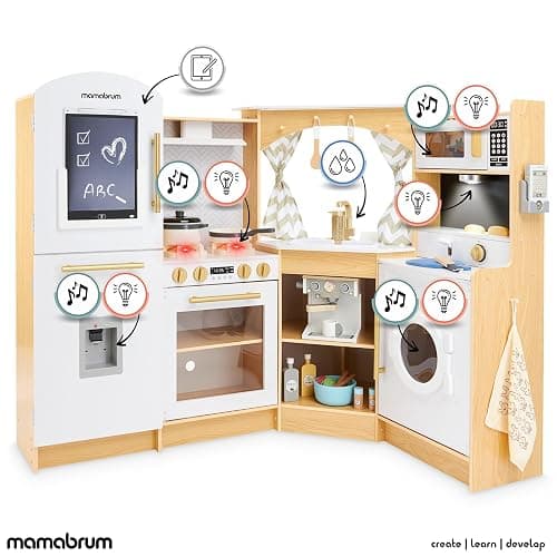 Mamabrum Cuisine en Bois pour Enfants 3+, Cuisinière à Jouets Interactive XXXL avec Éclairage LED, Cafetière et Accessoires - Pots, Ensemble Légumes et Fruits - Jusqu'à 50 Pièces thumbnail 5