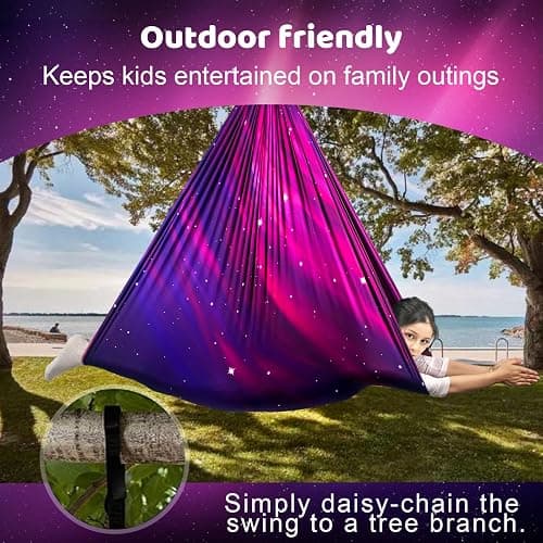 HiCamer Double Layer Sensory Swing for Kids & Adults Holds up to 300lbs Indoor and Outdoor Therapy Cuddle Swing with 360° Swivel Hanger Kit Adjustable with Aspergers Autism ADHD (Galaxy Purple) thumbnail 7