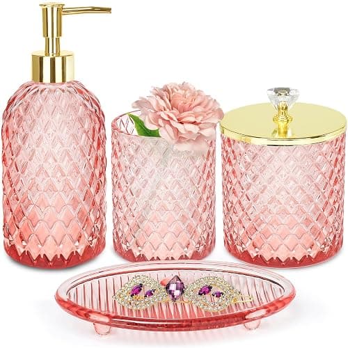 Haturi Glass Bathroom Accessories Set, Light Pink Bathroom Set, 4 Pcs | Kit w/ Bathroom Soap Dispenser Set, Toothbrush Holder, Qtip Holder, Vanity Tray, Pink Bathroom Decor, Gift for Home Apartment - Image 1