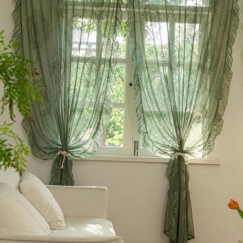 LOHUT Sage Green Lace Curtains Set of 2, Sheer Floral Panels 63 Inch Length, Vintage Boho Window Treatment with Ruffled Edge for Bedroom Living Room, Rod Pocket, W52 x L63 thumbnail 11