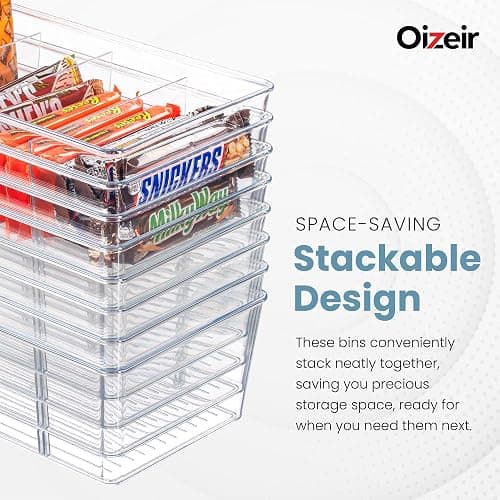 Oizeir Clear Pantry Organizer Bins 8-Pack - Fridge Organizer with 3 Removable Dividers, Ideal for Kitchen, Pantry, Refrigerator, Freezer, and Snack Storage thumbnail 4