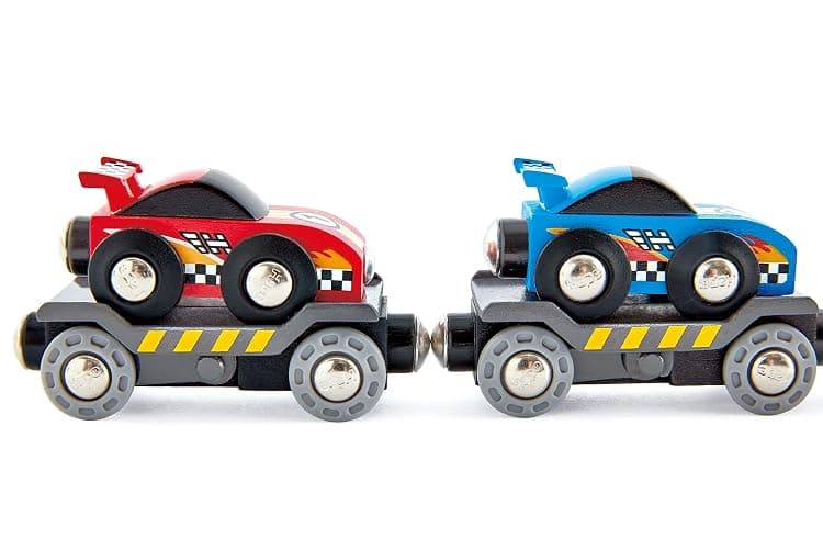 Hape Race Car Transporter | Six-Piece Wooden Toy Train Car Transport Set for Kids thumbnail 6