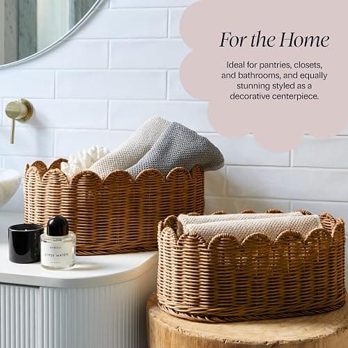 BEBE BASK Premium Scalloped Basket Set Of 2 - Scallop Basket - 16 x 10 x 7 Inch - Hand-Woven Elegant Wicker With Scalloped Edge - Nursery Storage (Mocca) thumbnail 5