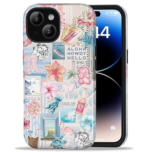 Amzfield for iPhone 13 Case for iPhone 14 Case, Aesthetic Summer Phone Case Cute Pink Flower Sea life Collage Floral for Girl Women, Scratch Resistant Shockproof Protective Girly Case for iPhone 13/14 - Image 1
