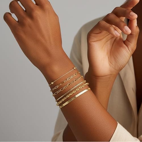 MKLUUO Gold Bracelets for Women, Dainty Adjustable 14K Gold Plated Herringbone Link Bracelet Set Trendy Stack Beaded Paperclip Chain Gold Bracelet Valentine Mothers Day Jewelry Gifts thumbnail 2