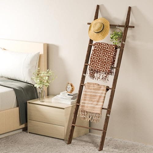 chilinii Farmhouse 6 Ft Wooden Blanket Ladder with Removable Hooks, 6-Tier Rustic Blanket Rack Decorative Stand, Leaning Towel Quilt Rack Holder for Bathroom Living Room Decor Brown thumbnail 2