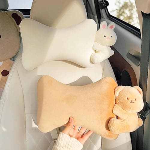 UINSUE Car Headrest Pillow 2PCS Plush Bear ＆ Bunny Car Seat Headrest Pillow - Memory Foam Neck Support Cushions for Comfortable Driving, Easy Install & Washable (White Rabbit) thumbnail 2