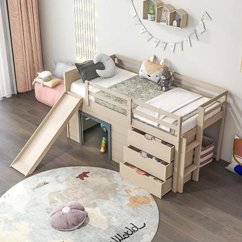 KOMFOTT Twin Low Loft Bed with 3 Storage Drawers & Underneath House, Wood Loft Bed with Slide, Ladder, Guardrails & Under-Bed Play Space, Kids Twin Loft Bed for Girls & Boys, No Box Spring Needed thumbnail 3
