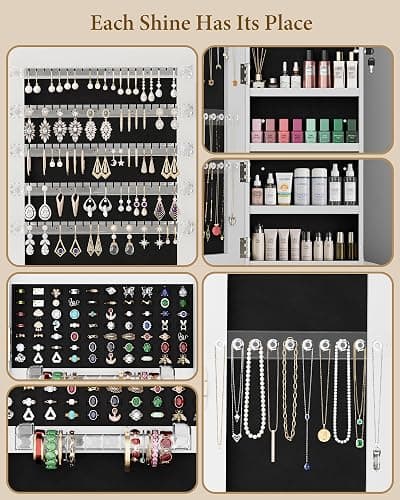 FAVSH 6 LEDs Jewelry Armoire with Frameless Full-Length Mirror, White | 360° Swivel Jewelry Cabinet Standing with 3 Back Shelves, Jewelry Organizer with Storage Lockable for Women, Girl thumbnail 7