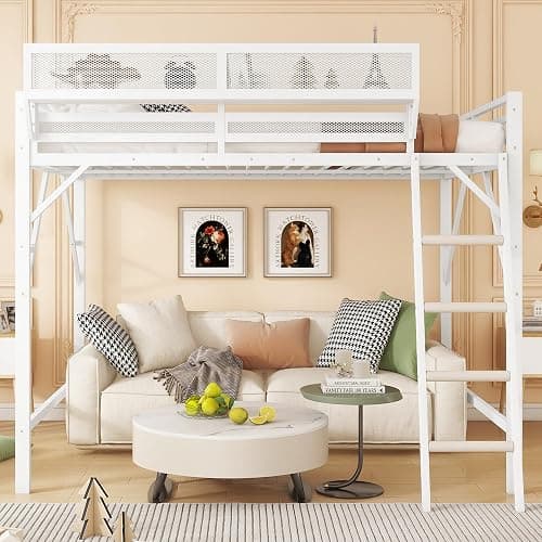 KEIKI Full Size Metal Loft Bed Frame with Ladder and Built-in Storage Shelves, for Teens, Modern Style Loft Bed with Solid Slats, Guardrail, No Box Spring Required, Easy Assembly, for Bedroom, White thumbnail 4