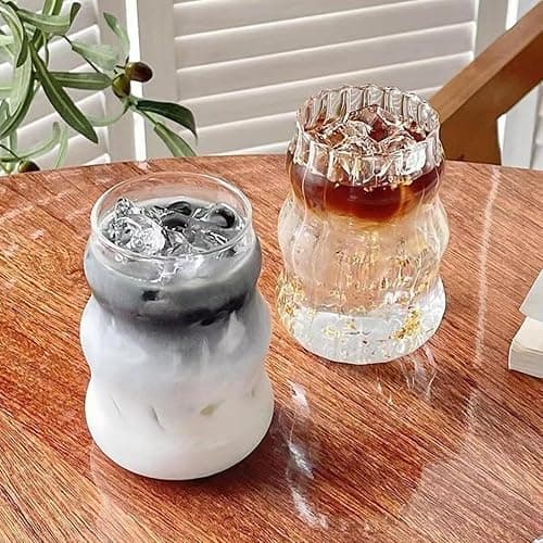 2 Pcs Ribbed Glass Cups, 18 Oz Vintage Drinking Glassware with Wave Shape Design, Bubble Cups for Iced Coffee, Juice, Beverage, Milk, Cocktails, Bubble Tea, and More thumbnail 4