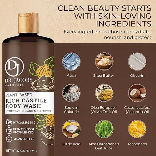 Dr. Jacobs Naturals Pure Castile Soap Liquid Body Wash, Shea Butter - Plant Based Soap Infused with Vitamin E and Aloe Vera to Moisturize Dry and Sensitive Skin - Made in The USA - 32 oz, Pack of 1 thumbnail 5