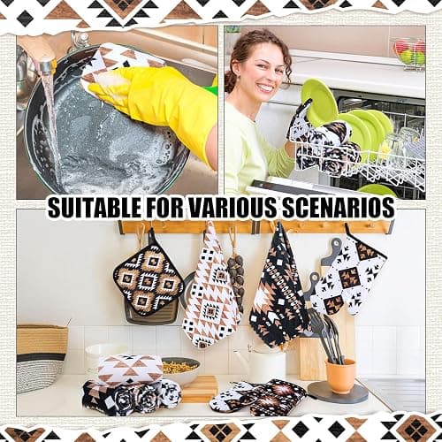 Teenyyou 8 Pcs Western Aztec Kitchen Towels Southwestern Pot Holders and Oven Mitt Set 4 Aztec Dish Towels 2 Rustic Absorbent Square Potholders 2 Heat Resistant Glove for Cooking Baking Home Gifting thumbnail 7
