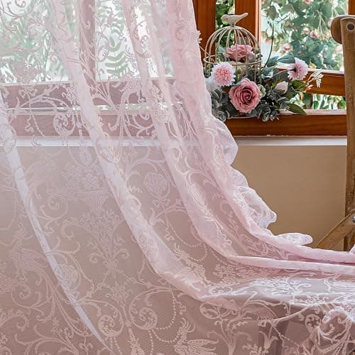 TUDECO Pink Lace Curtains 84 Inch Long, Romantic Ruffle Edges, 2 Panels | Light Pink, Coquette Princesscore Look, Vintage Floral, Bedroom Living Room Decor, Soft Light Filtering, Semi-Privacy thumbnail 2