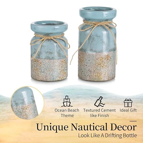 Romadedi Beach Pillar Candle Holder - Terracotta Distressed Blue Teal Ocean Theme Decor Drift Bottle Design Nautical Rustic Farmhouse Gift for Coastal Home Bathroom thumbnail 5