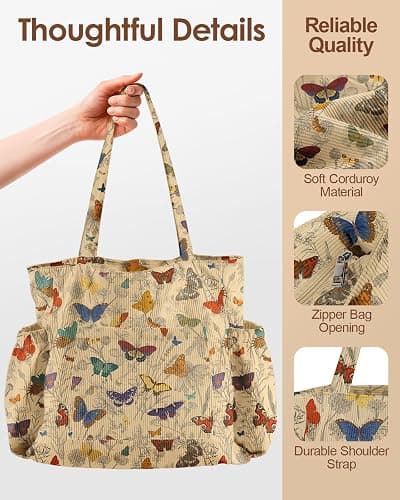 Miss Adola Large Corduroy Tote Bag for Women with Zipper | Zipper Closure, Large Shoulder Bag, Multi-Pocket Storage, Reusable School Tote, Cute Aesthetic Design for Work and Travel thumbnail 6