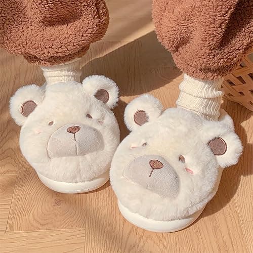 conrtems Winter home warm Baotou cotton slippers girl heart cute plush bear soft bottom slippers. thumbnail 6