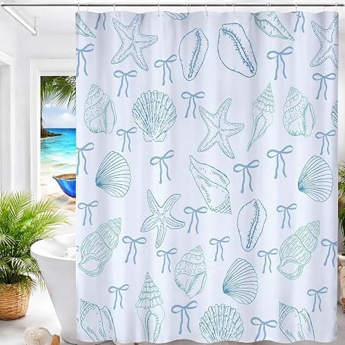 Hillsuren Beachy Shower Curtain Ocean Coastal Nautical Shower Curtain Coquette Blue Bows Starfish Seashell Bath Curtains Waterproof Modern Summer Bathroom Bathtub Decor with 12 Hooks, 72 x 72 Inch - Image 1