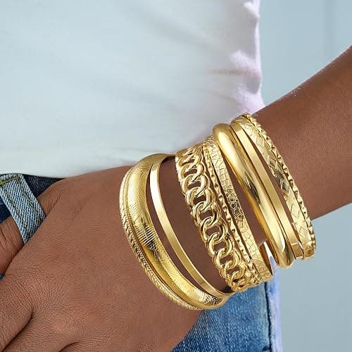 ÌF ME Gold Bangle Bracelets for Women, Indian Bangles Stackable Set, Multi Layer Textured 14K Gold Plated Chunky Bracelets Boho Jewelrys Set thumbnail 7
