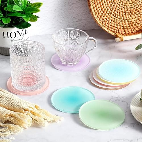 Irenare 8 Pieces Colorful Acrylic Coaster 3.9 Inches Cute Coasters Round Heat Resistant Holder Anti Slip Table Aesthetic for Coffee Table Home Decoration Gift(Rainbow Pastels Color) thumbnail 5
