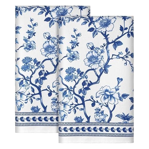 HunnmingRe 2 Pcs Chinoiserie Floral Kitchen Towels Blue White Flowers Dish Towels 18 x 28 Inch Vintage Farmhouse Cottage Decor Toile De Jouy Dish Microfiber Hand Drying for Bathroom French Country - Image 1
