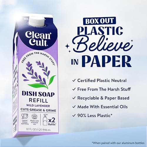 Cleancult Dish Soap Liquid Refills (32oz, 3 Pack) - Plant Based Cleaning Power - Dish Soap that Cuts Grease & Grime - Free of Harsh Chemicals - Uses 90% Less Plastic - Wild Lavender thumbnail 2