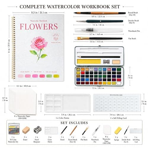Drawmend Watercolor Paint Set & Workbook for Beginners, 50 Colors, 4 Brushes, 12 Step-by-Step Projects, 300 GSM Paper, 11 x 8.3 in Lay-Flat Book for Adults,Creative Art Gift (Flowers, with Palette) thumbnail 2