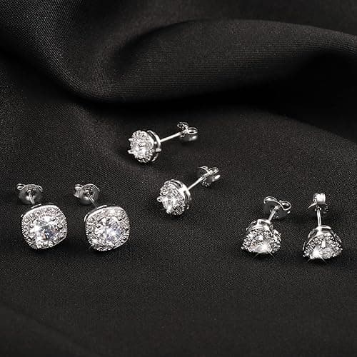 ALEXCRAFT Sterling Silver Stud Earrings for Women Girls Cubic Zirconia Halo Round Heart Square Diamond Large Silver Stud Set - 3 Pairs Halo Silver Stud Earrings thumbnail 6