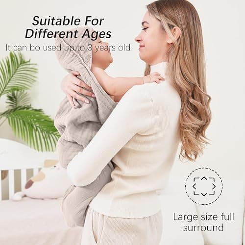 SWEET DOLPHIN Muslin Hooded Baby Bath Towels - 2 Pack 100% Cotton Towel for Babies, Infants, Toddlers - 32x32Inch - Highly Absorbent and Newborn Essential, Light Bean Paste thumbnail 4