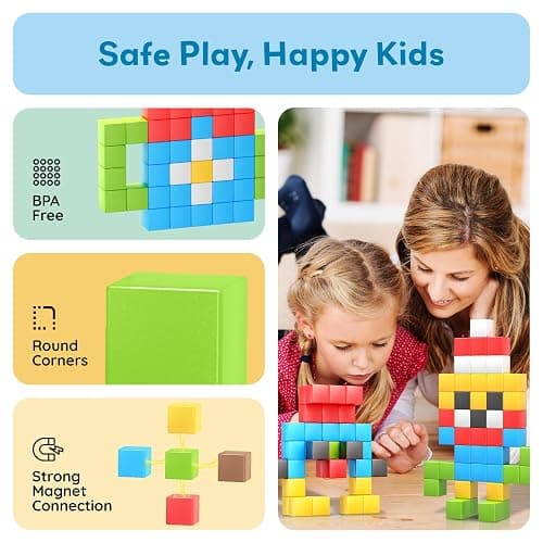 PicassoTiles 102 Piece Magnetic Cubes, 1 Inch STEM Building Set for Kids 3+ | 54-design idea book included, hidden click-connect magnets, BPA-free non-toxic materials, classroom ready, group teamwork fun thumbnail 7