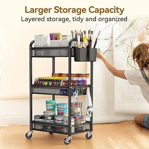 YASONIC 3 Tier Rolling Cart – Metal Utility Storage Carts with Wheels, Craft Cart Organizer with Hanging Cups, Hooks, Mesh Basket for Bedside Kitchen Office Art, Black thumbnail 5