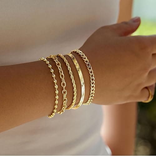 Gold Bracelets for Women,Dainty Bracelets Set for Women Trendy, Gold Bracelets Stack With Beaded, Cuban, Paperclip, Heart, Snake, Rope, Pearl, Cross, Hand Chain, Silver Jewelry Gifts for Women thumbnail 3