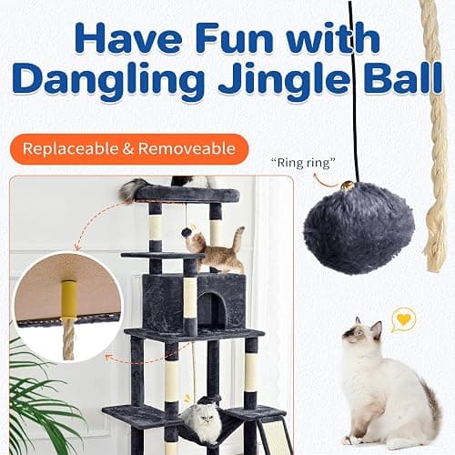 ABCPET Cat Tree Tower 63in Multi-Level Cat Tower for Indoor Cats with Sisal Scratching Posts, Condo, Hammock, Dangling Ball and Extended Platform for Cats to Play, Dark Grey thumbnail 4