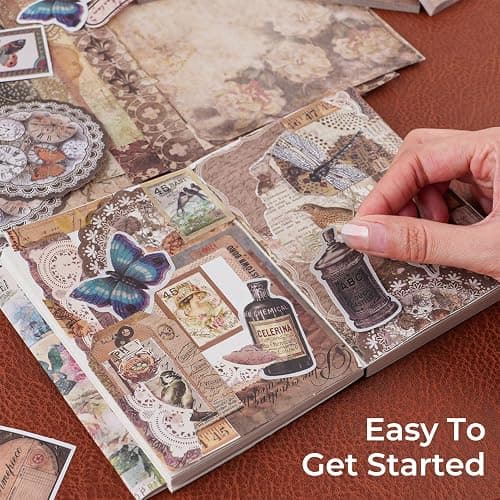 Funto Scrapbooking Kit (202 PCS), Vintage Collection-Wisteria & Butterfly, Perfect for Bullet Scrapbooking Materials, Planner DIY Arts Craft Collage thumbnail 6