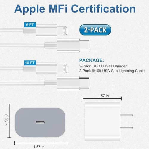 iPhone Charger Apple Charger,[Apple MFi Certified]2 Pack Apple Type C Wall Charger Block with 2 Pack [6FT&10FT] Long USB C to Lightning Cable for iPhone 14/13/12/12 Pro Max/11/Xs Max/XR/X,AirPods Pro thumbnail 6