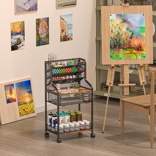 Small Rolling Utility Cart with Drawer, Metal Craft Storage Cart with Lockable Wheel, Versatile Art Organizer with 6 Tiers & Removable Dividers for Drawing Room, Store Paint & Artifact, Patent Pending thumbnail 5