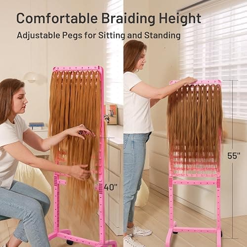 Yumkfoi Adjustable 2-Sided Braiding Hair Rack - 280 Pegs, Standing With Wheels, Pink Separator for Stylists thumbnail 4