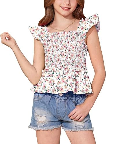 BesserBay Girls Summer Ruffle Cap Sleeve Square Neck Tank Top Peplum Hem Smocked Cute Babydoll Blouse 5-14 Years - Image 1